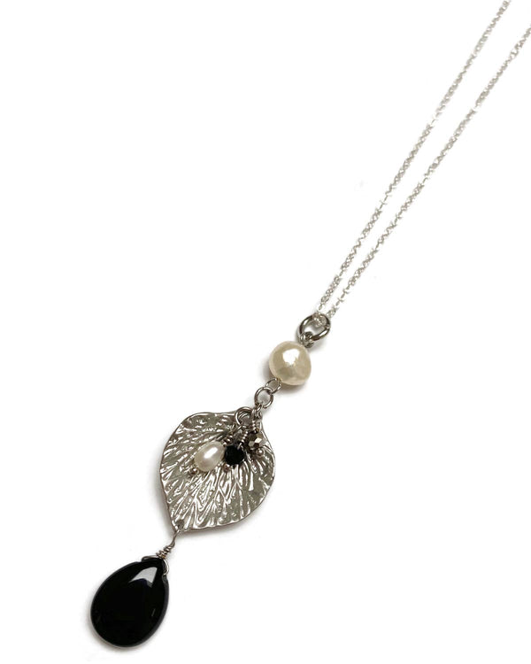 842-18 Silver Leaf Black Agate Pearl Cluster Necklace - Gracie Rose Designs - Painted Door on Main