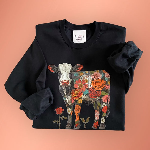 082-88 'Floral Cow' Adult Crewneck - Thumbprint Designs