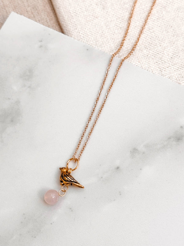 842-11 Rose Gold Quartz Bird Charm Necklace - Gracie Rose Designs - Painted Door on Main